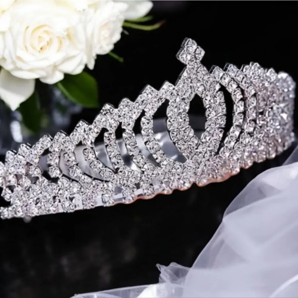 Silver Rhinestone Princess Tiara Crown Bridal Pageant Quinceañera Sweet 16 Party